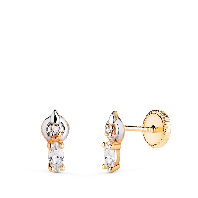 Pendientes Oro Bicolor Motivo Con Circonitas. Medida: 8 X 4 Mm. Cierre Tuerca oro 18k