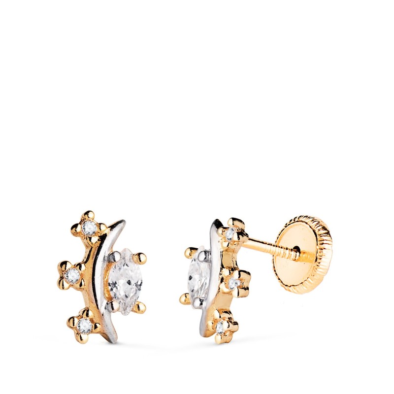 Pendientes Oro Bicolor Luna Con Circonitas. Medida: 9 X 5 Mm. Cierre Presion oro 18k