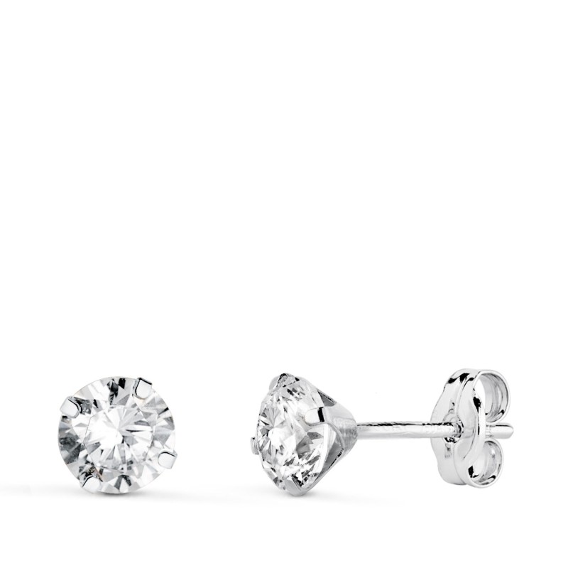 Pendientes Oro Blanco 4 Garras Con Circonita. Ancho: 5 Mm Cierre Presion oro 18k