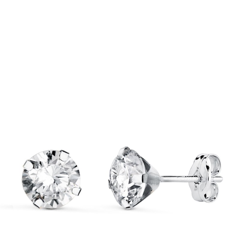 Pendientes Oro Blanco 4 Garras Con Circonita. Ancho: 6 Mm Cierre Presion oro 18k