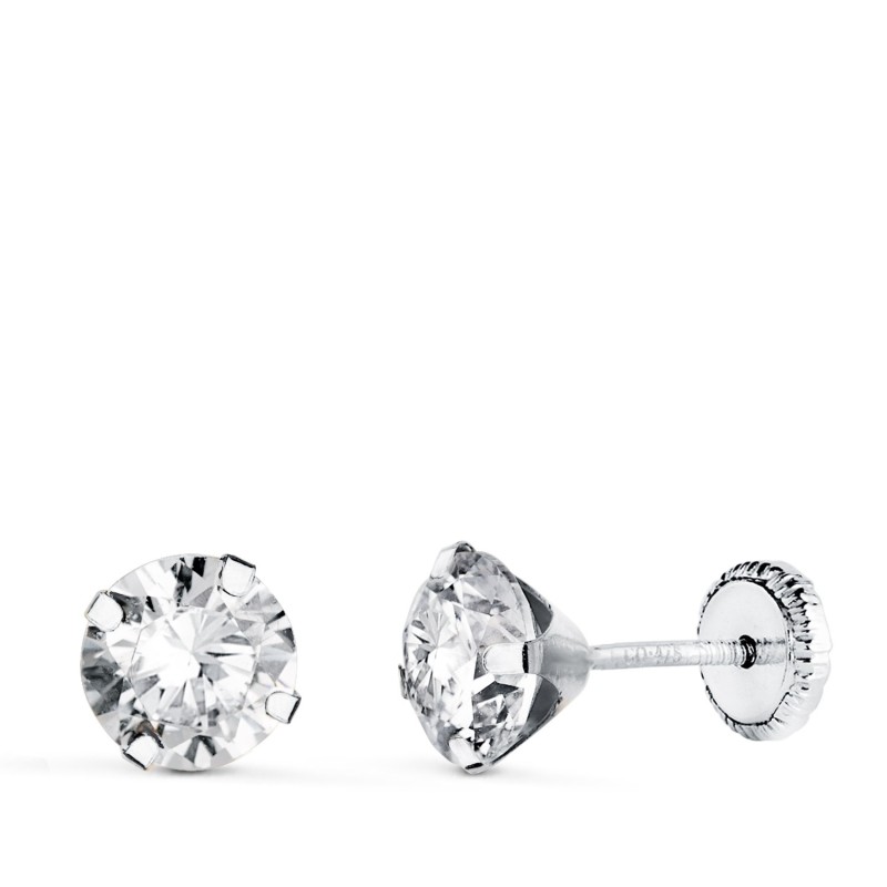 Pendientes Oro Blanco 4 Garras Con Circonita. Ancho: 6 Mm Cierre Tuerca oro 18k