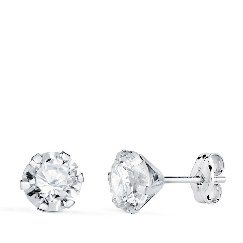 Pendientes Oro Blanco 6 Garras Con Circonita. Ancho: 6 Mm Cierre Presion oro 18k