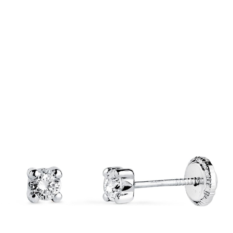 Pendientes Oro Blanco Circonita 3Mm Con 4 Garras. Ancho: 3,5 Mm. Cierre Tuerca oro 18k
