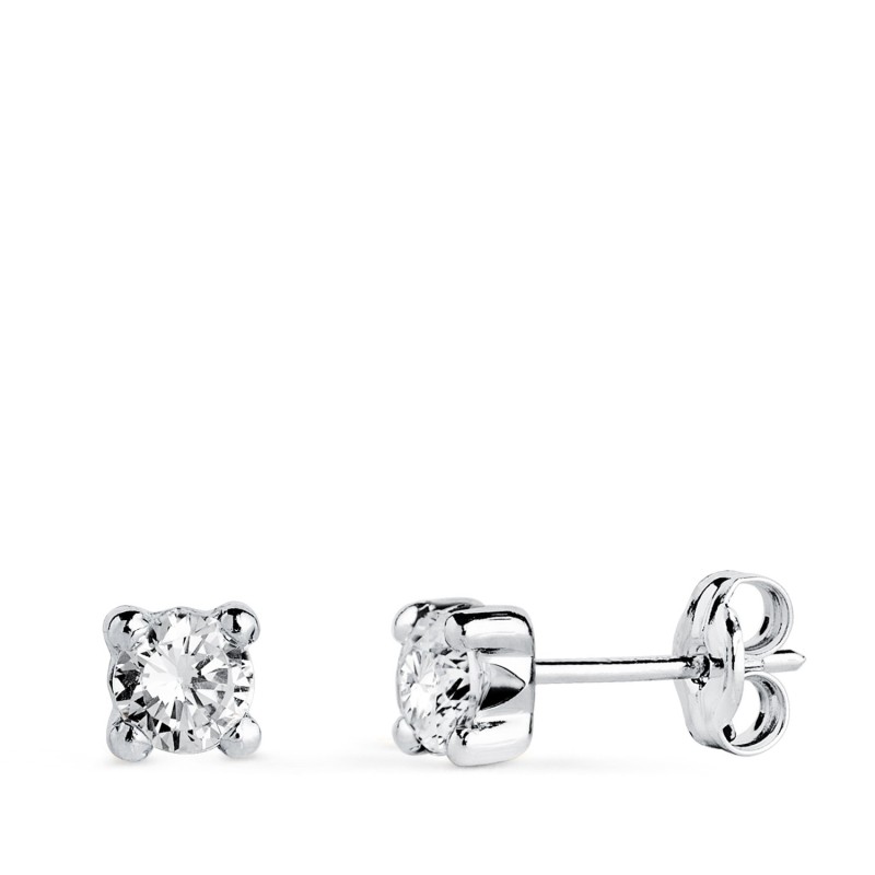 Pendientes Oro Blanco Circonita 4Mm Con 4 Garras. Ancho: 4,5 Mm. Cierre Presion oro 18k