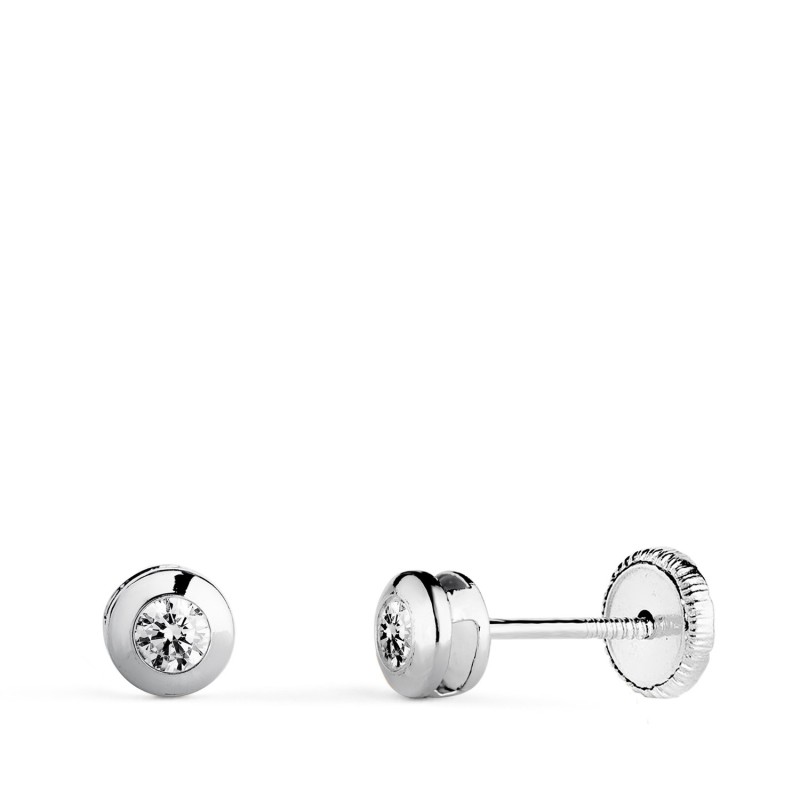 Pendientes Oro Blanco Chaton Galeria Con Circonita. Medida: 4 Mm. Cierre Tuerca oro 18k