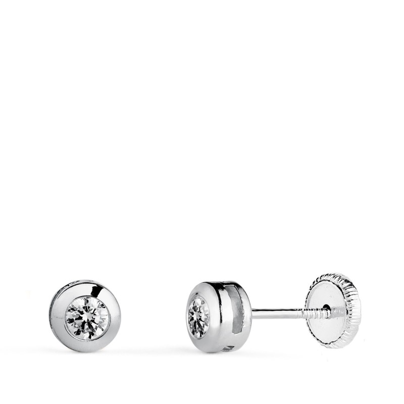 Pendientes Oro Blanco Chaton Galeria Con Circonita. Medida: 5 Mm. Cierre Tuerca oro 18k