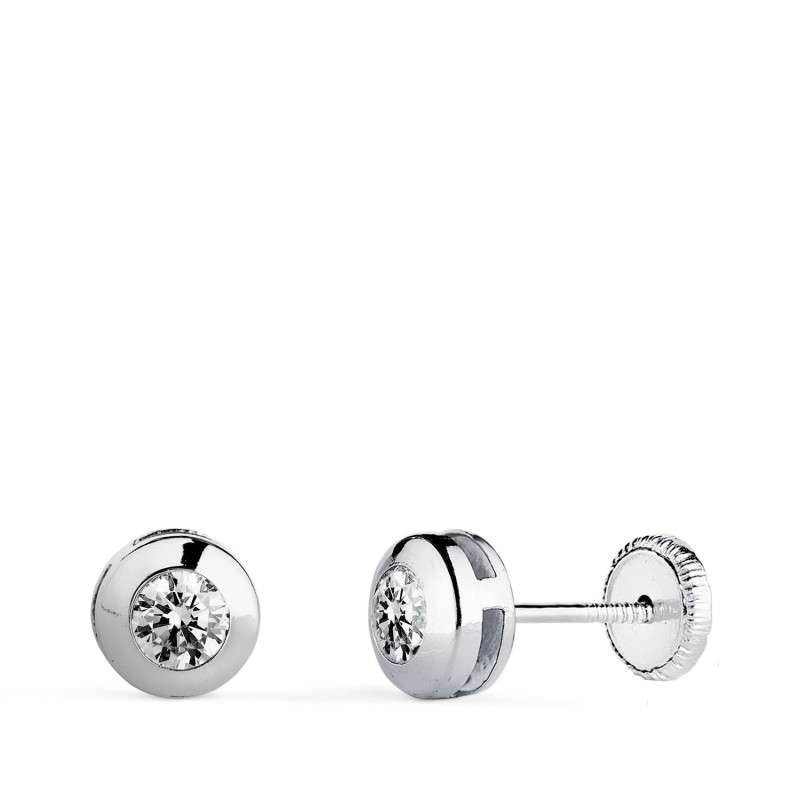 Pendientes Oro Blanco Chaton Galeria Con Circonita. Medida: 6 Mm. Cierre Tuerca oro 18k