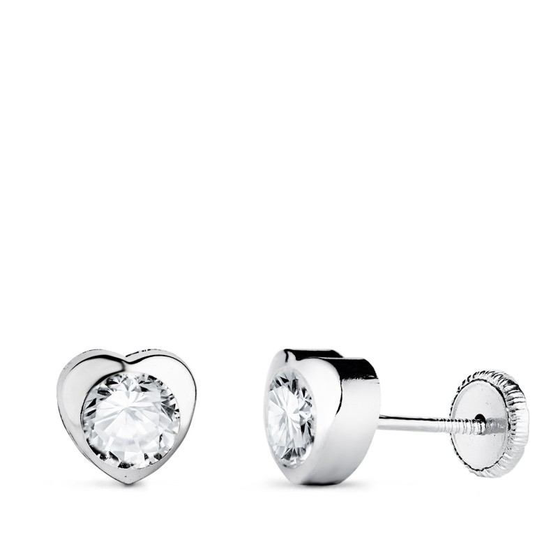 Pendientes Oro Blanco Corazon Con Circonita. Medida: 6 X 6 Mm Cierre Tuerca oro 18k