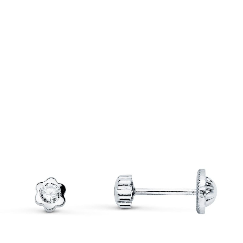 Pendientes Oro Blanco Flor Con Circonita 3.5X3.5 Mm Cierre Tuerca oro 18k