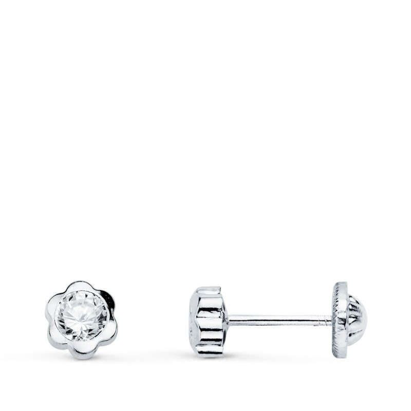 Pendientes Oro Blanco Flor Con Circonita 5X5 Mm Cierre Tuerca oro 18k