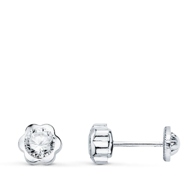 Pendientes Oro Blanco Flor Con Circonita 6X6 Mm Cierre Tuerca oro 18k