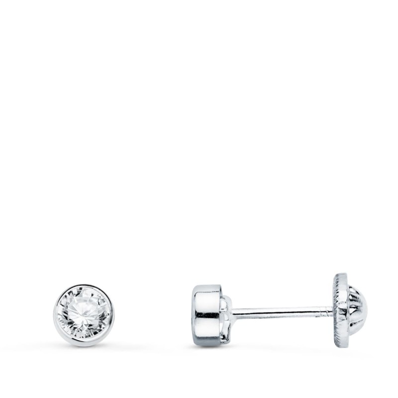 Pendientes Oro Blanco Redondos Con Circonita 3 Mm Cierre Tuerca oro 18k