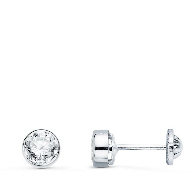 Pendientes Oro Blanco Redondos Bocel Con Circonita 5 Mm Cierre Tuerca oro 18k