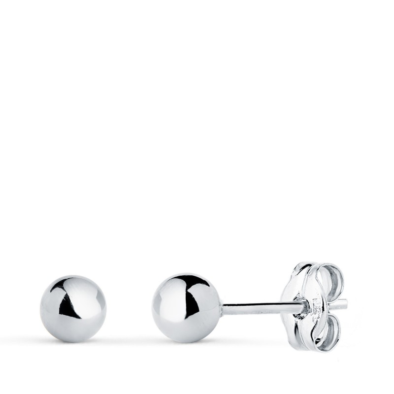 Pendientes Oro Blanco Bola Lisa Brilla Hueca. Ancho: 4 Mm. Cierre Presion oro 18k