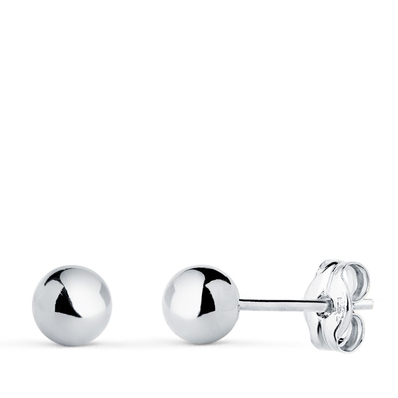 Pendientes Oro Blanco Bola Lisa Brilla Hueca. Ancho: 5 Mm. Cierre Presion oro 18k