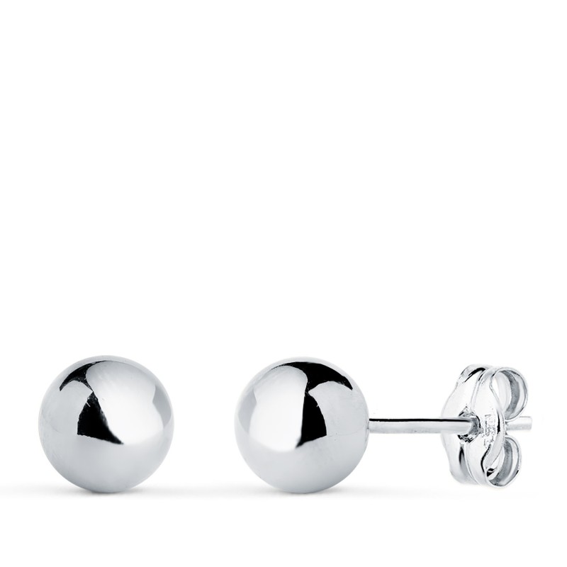 Pendientes Oro Blanco Bola Lisa Brilla Hueca. Ancho: 6 Mm. Cierre Presion oro 18k