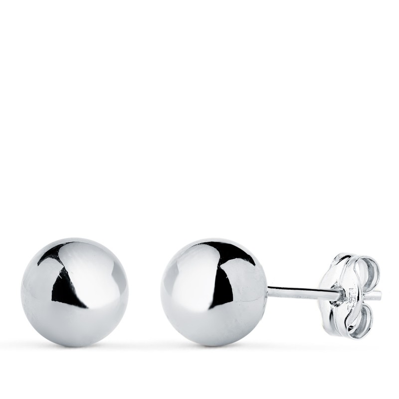 Pendientes Oro Blanco Bola Lisa Brilla Hueca. Ancho: 7 Mm. Cierre Presion oro 18k