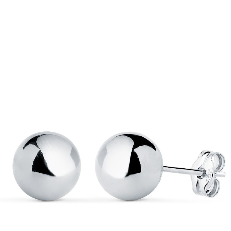 Pendientes Oro Blanco Bola Lisa Brilla Hueca. Ancho: 8 Mm. Cierre Presion oro 18k