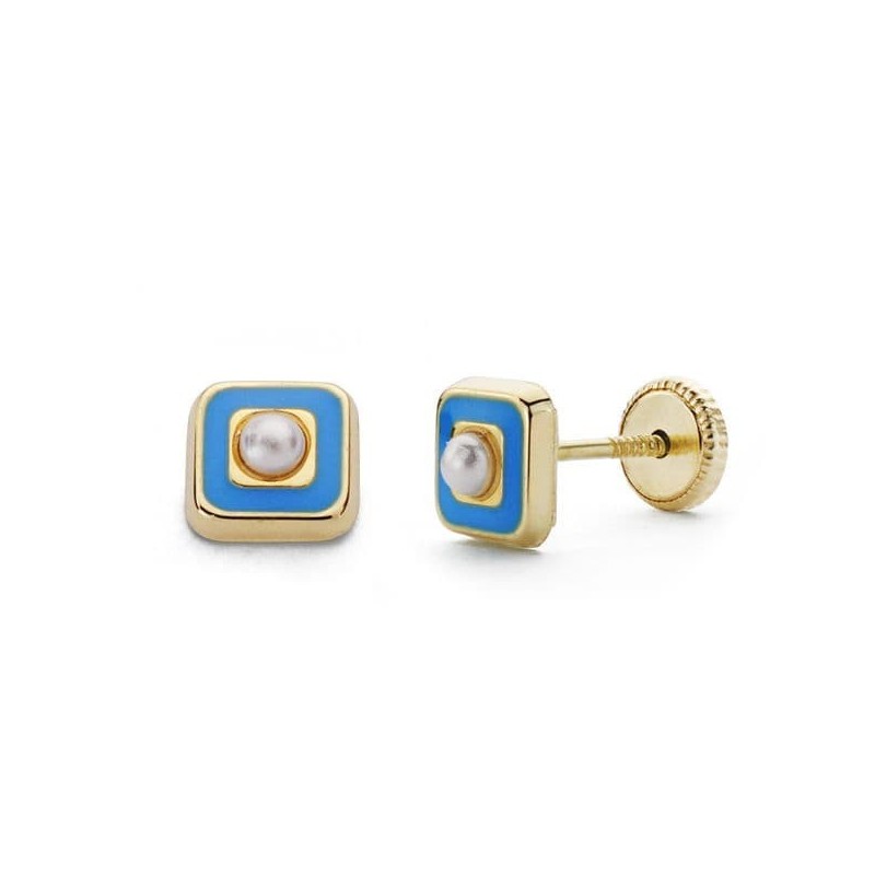 Pendientes Oro Amarillo Perla Y Esmalte Azul 5 Mm Cierre Tuerca oro 18k