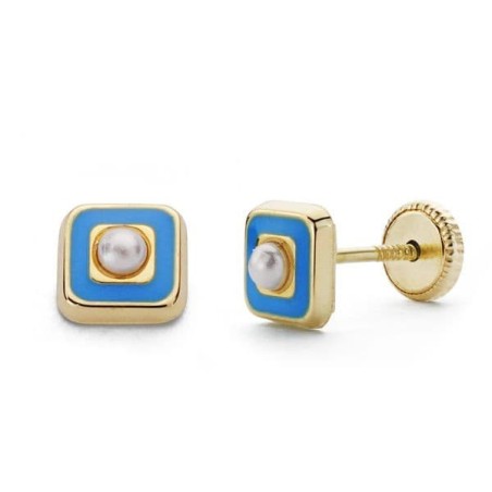 Pendientes Oro Amarillo Perla Y Esmalte Azul 5 Mm Cierre Tuerca oro 18k