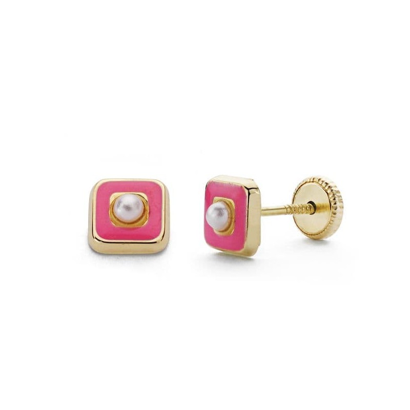 Pendientes Oro Amarillo Perlas Esmalte Rosa 5 Mm Cierre Tuerca oro 18k