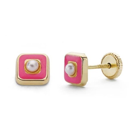 Pendientes Oro Amarillo Perlas Esmalte Rosa 5 Mm Cierre Tuerca oro 18k