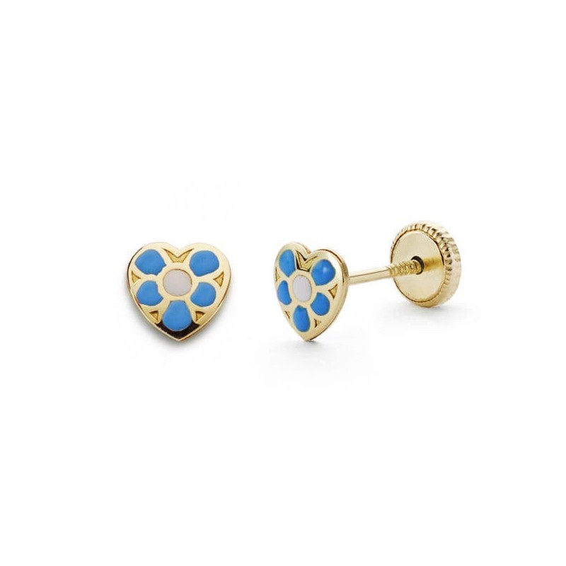 Pendientes Oro Amarillo Corazon Azul. 5X5 Mm Cierre Tuerca oro 18k