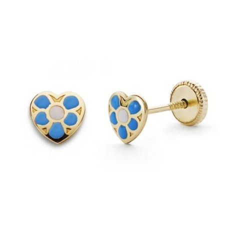 Pendientes Oro Amarillo Corazon Azul. 5X5 Mm Cierre Tuerca oro 18k