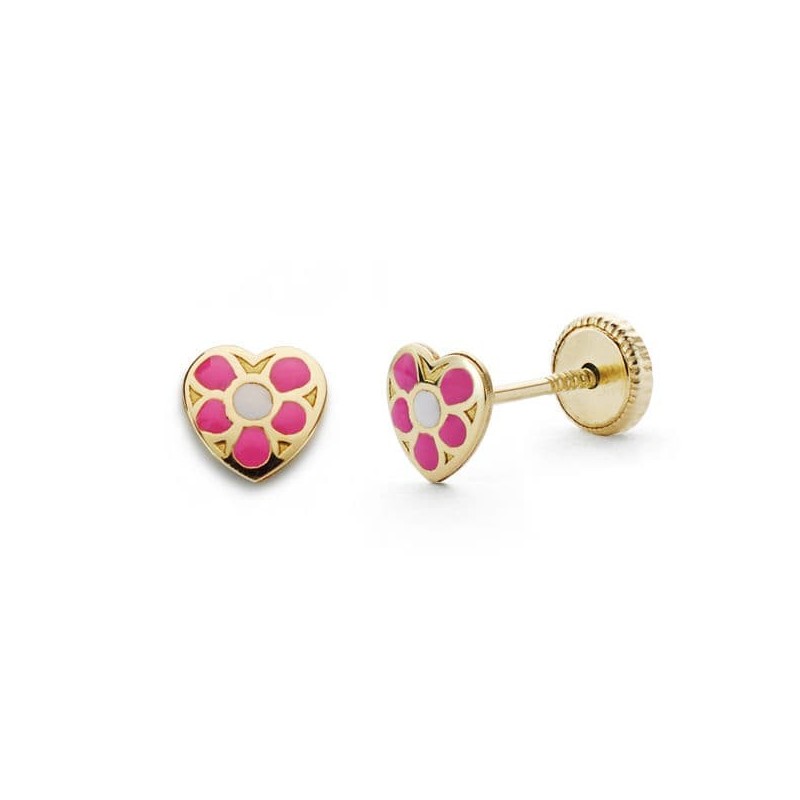 Pendientes Oro Amarillo Corazon Rosa 5X5 Mm Cierre Tuerca oro 18k