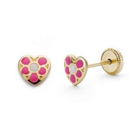 Pendientes Oro Amarillo Corazon Rosa 5X5 Mm Cierre Tuerca oro 18k