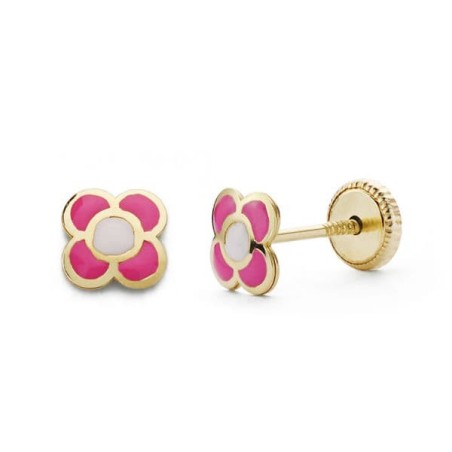 Pendientes Oro Amarillo Flor Rosa 6X6 Mm Cierre Tuerca oro 18k