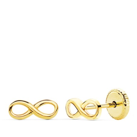 Pendientes Oro Amarillo Infinito Lisos. 8X3 Mm Cierre Tuerca oro 18k