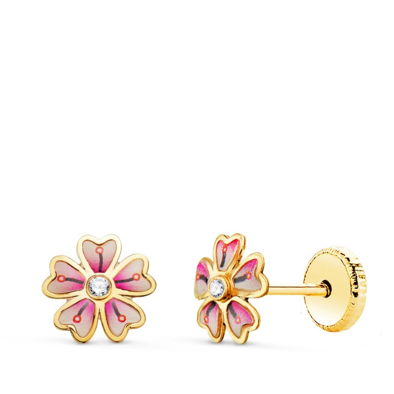 Pendientes Oro Amarillo Flor Rosa Con Circonita. Medida: 6 X 6Mm. Cierre Tuerca oro 18k
