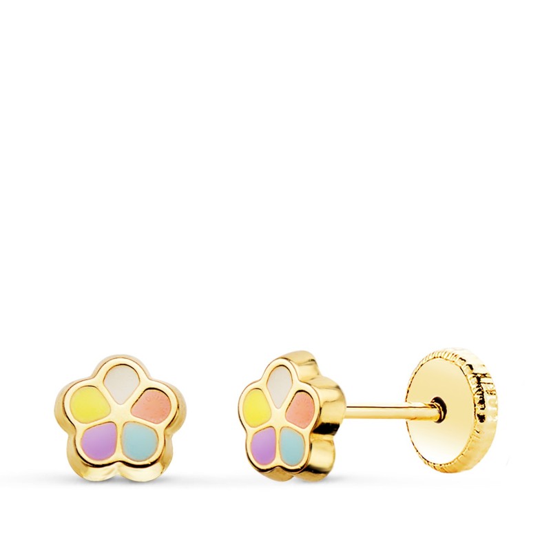 Pendientes Flor Esmalte 5Mm Cierre Tuerca oro 18k