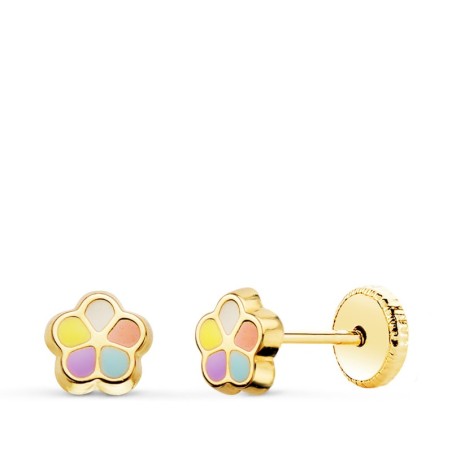 Pendientes Flor Esmalte 5Mm Cierre Tuerca oro 18k