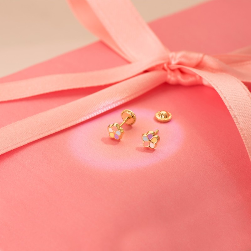 Pendientes Flor Esmalte 5Mm Cierre Tuerca oro 18k