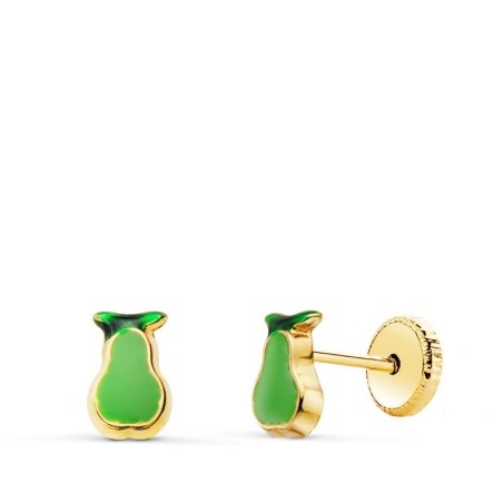 Pendientes Oro Amarillo Pera Esmalte Verde 6 X 4 Mm. Cierre Tuerca oro 18k