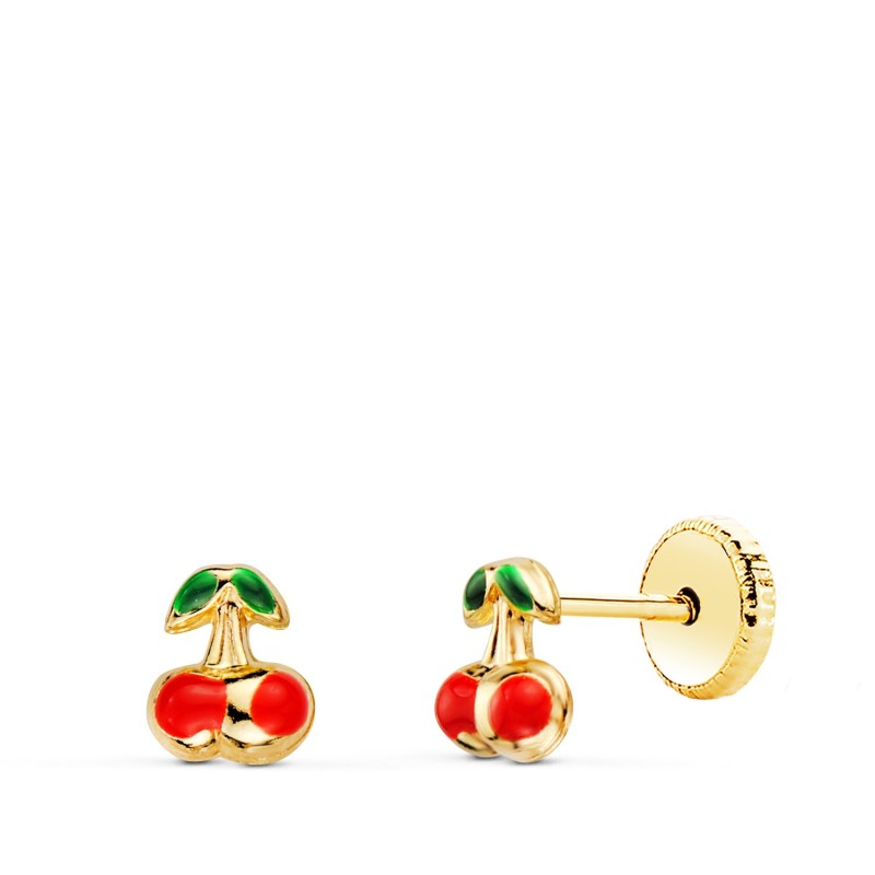 Pendientes Oro Amarillo Cerezas Esmalte 5X4 Mm. Cierre Tuerca oro 18k