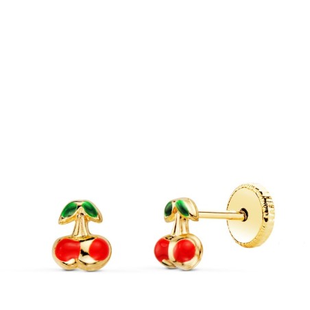 Pendientes Oro Amarillo Cerezas Esmalte 5X4 Mm. Cierre Tuerca oro 18k
