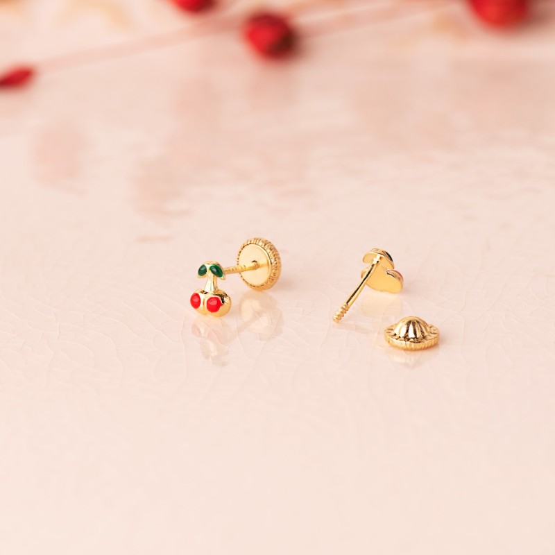 Pendientes Oro Amarillo Cerezas Esmalte 5X4 Mm. Cierre Tuerca oro 18k