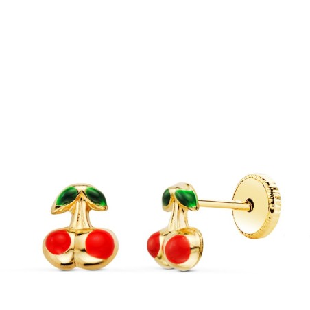 Pendientes Oro Amarillo Cerezas Esmalte 6X5 Mm. Cierre Tuerca oro 18k