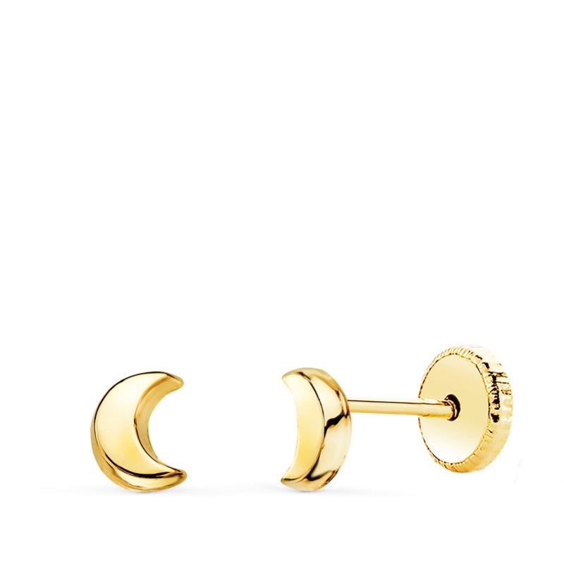 Pendientes Oro Amarillo Media Luna Con Brillo 5X4 Mm. Cierre Tuerca oro 18k
