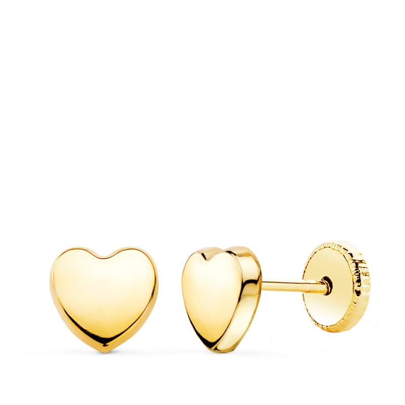 Pendientes Oro Amarillo Corazon Liso En Brillo 6X6 Mm. Cierre Tuerca oro 18k