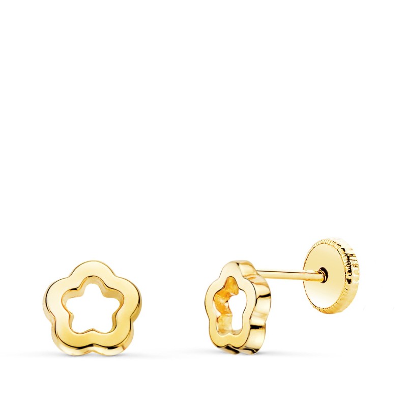 Pendientes Oro Amarillo Flor Brillo Calada 6 X 6 Mm. Cierre Tuerca oro 18k