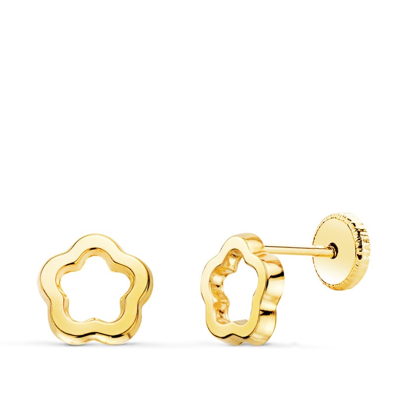 Pendientes Oro Amarillo Flor Brillo Calada 7 X 7 Mm. Cierre Tuerca oro 18k