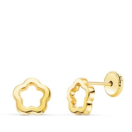 Pendientes Oro Amarillo Flor Brillo Calada 7 X 7 Mm. Cierre Tuerca oro 18k