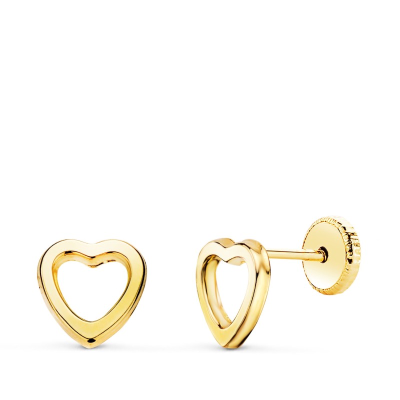 Pendientes Oro Amarillo Corazon Calado 7X7 Mm. Cierre Tuerca oro 18k