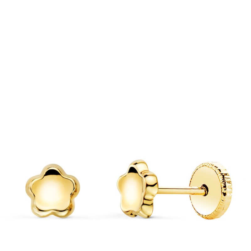 Pendientes Oro Amarillo Flor Concavo En Brillo 5X5 Mm. Cierre Tuerca oro 18k