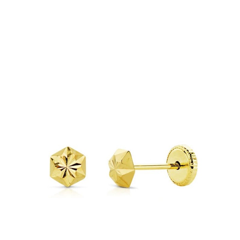Pendientes Oro Amarillo Clavo Estrella Tallados 4 Mm Cierre Tuerca oro 18k