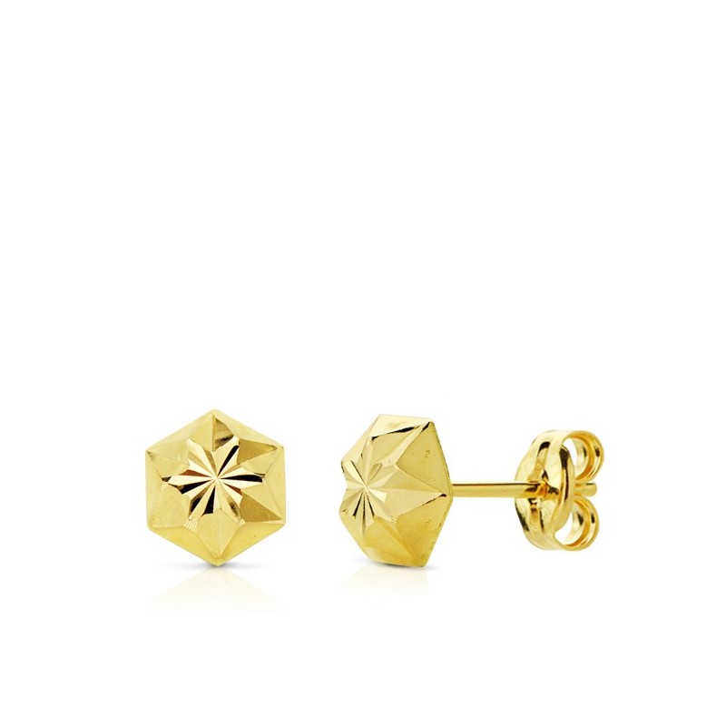 Pendientes Oro Amarillo Clavo Estrella Tallados 6Mm Cierre Presion oro 18k